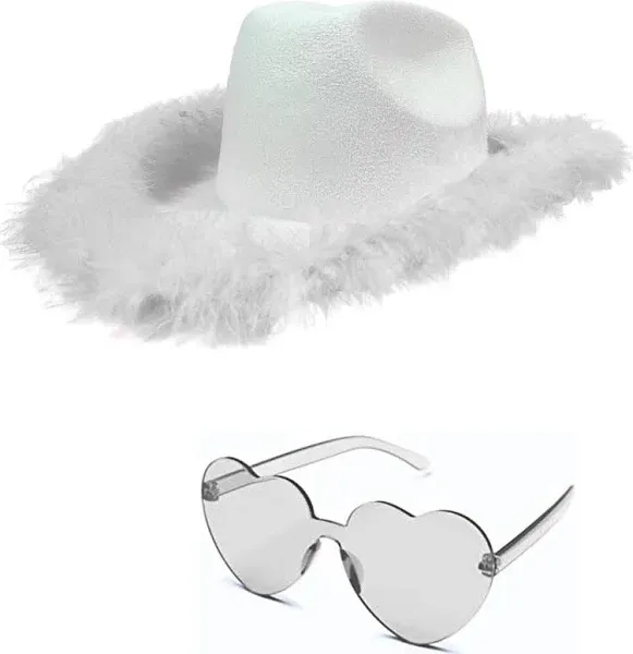 4E's Novelty Cowboy Hat with Feathers with Heart Shaped Sunglasses for Women, Felt Cowgirl Hat for Party Costume Dress Up (White)