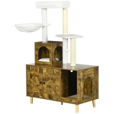 PawHut 54.25" Wooden Cat Tree with Litter Box Enclosure