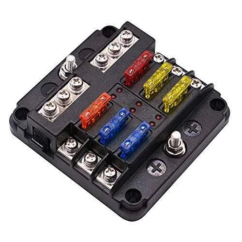 12 Volt Fuse Block, Waterproof 6 Way Fuse Box with 6 Ground Negative Busbar f...