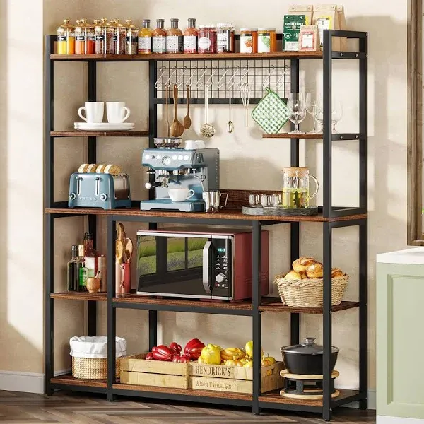 Tribesigns Large Bakers Rack, 55" Wide Kitchen Hutch Cabinet Microwave Stand with 11 Hooks, 5-Tier Baker’s Rack Kitchen Storage Shelf Rack with Hutch, Rustic Brown