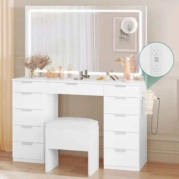 Yitahome Vanity Desk Set with Large LED Lighted Mirror & Power Outlet Vanity with 11 Drawers and Magnifying Glass