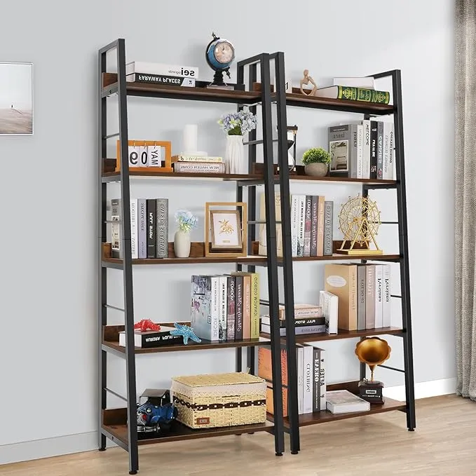 BATHWA Book Shelf, 5 Tier Accent Ladder Bookshelf Rustic Industrial Open Bookcase, Morden Ladder Shelf for Living Room/Bedroom/Home Office, Rustic Brown Wooden Vintage 59''H 24''W Narrow Shelf