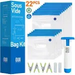 OUII Sous Vide Bags for Joule and Anova Cookers - 15 Reusable BPA-Free Sous Vide Bags with Vacuum Hand Pump in Various Sizes -Vacuum Sealer Bags Food