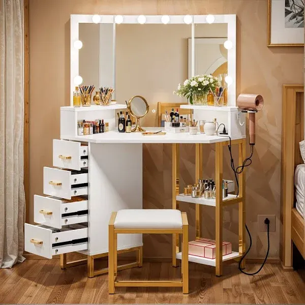 YITAHOME Black Corner Makeup Vanity Sets with Lighten Mirror, Drawers, and Chairs