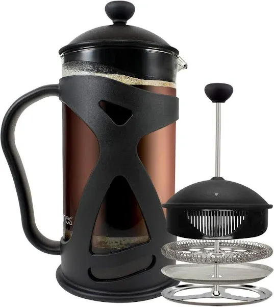 KONA French Press Coffee Press Maker With Reusable Stainless Steel Filter, Large Comfortable Handle & Glass Protecting Durable Black Shell