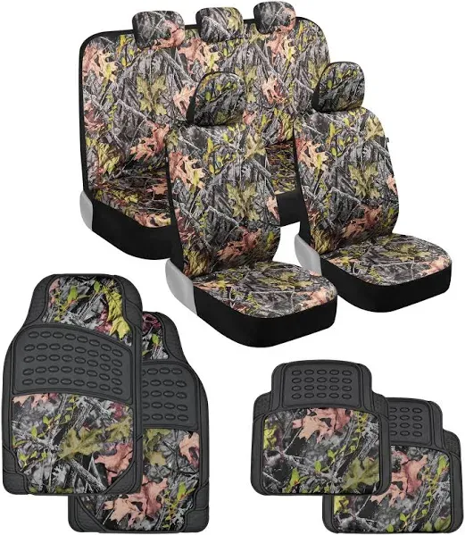 BDK Camo Car Seat Covers Full Set with Floor Mats – Complete Interior Protection Set, Realistic Green Forest Camouflage Pattern, Camoflauge Interior Accessories for Auto Truck Van & SUV