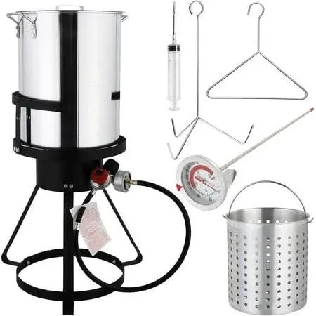 30 Qt Turkey Deep Fryer Set, Aluminum Fish & Seafood Boiler Steamer with 55,000 BTU Propane Gas Burner Stand Injector Thermometer Hose, Ideal for Outdoor Fry Cooking, Sliver