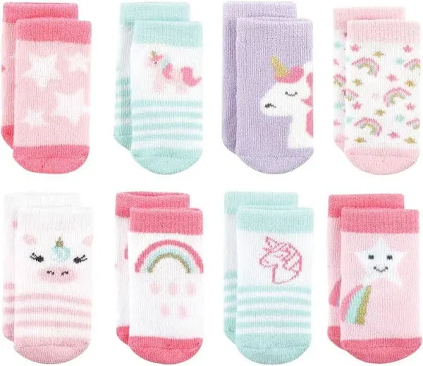 Hudson Baby Girls' Unicorn Cotton Rich Newborn and Terry Socks (8-Pack)