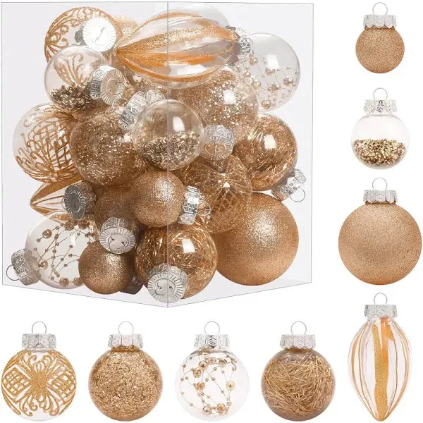 XmasExp 32ct Christmas Ball Ornaments Set -Gold Clear Plastic Shatterproof Xmas Tree Ball Decorations Hanging Baubles for Holiday Decor