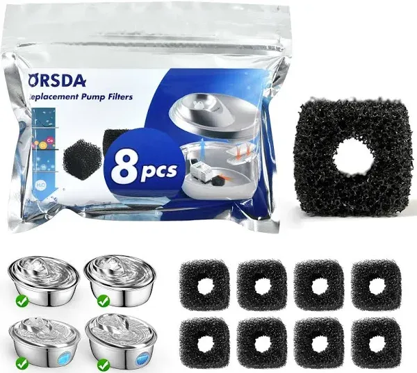 ORSDA Cat Water Fountain Pump Filters Pet Water Fountain Pump Sponges Compatible with All ORSDA/ZeePet Stainless Steel Dog and Cat Water Dispenser