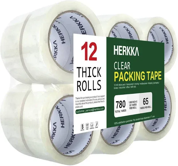 12 Rolls of Heavy Duty Packaging Tape, 65 Yards per Roll, Strong BOPP Adhesive