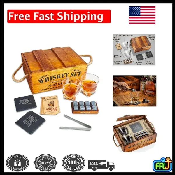 Mixology Whiskey Gift Set, Whiskey Glass Set with Rustic Wooden Crate, 8 Granite Whiskey Rocks Chilling Stones, 10oz Whiskey Glasses, Gift for Men, Dad, Husband, Boyfriend - Jameson Brown