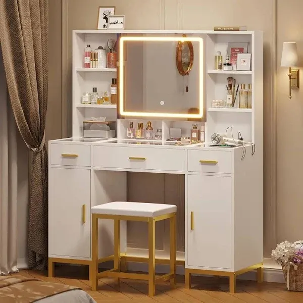 Pakasept Makeup Vanity Desk with Mirror, 3-Color Lights, and Charging Station