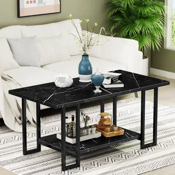 AWQM Faux Marble Coffee Table Set, Occasional Table Set of 3, Includes Accent Table & 2 Sofa Side End Tables for Living Room, Black Metal Frame, Brown