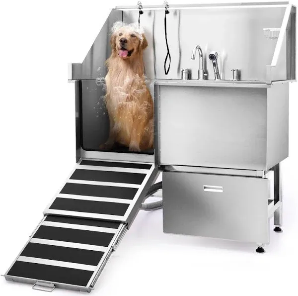 KANIS Professional Stainless Steel Dog Bathing Station - Dog Grooming Tub w/Ramp, Storage Drawer, Floor Grate & Faucet/Dog Bathtub for Large, Medium & Small Pets (50", Left RAMP - 1 Drawer)