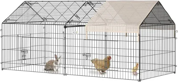 PawHut 86.5" L Metal Chicken Playpen, Small Animal Cage, Pet Playpen Yard Fence for Rabbits, Chinchillas with Roof for Indoor & Outdoor, 40.5" H, Beige