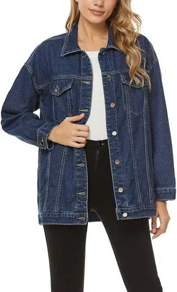 PUWEI Women's Oversized Denim Jacket Distressed Lapel Button Up Long Sleeve Jean Jacket