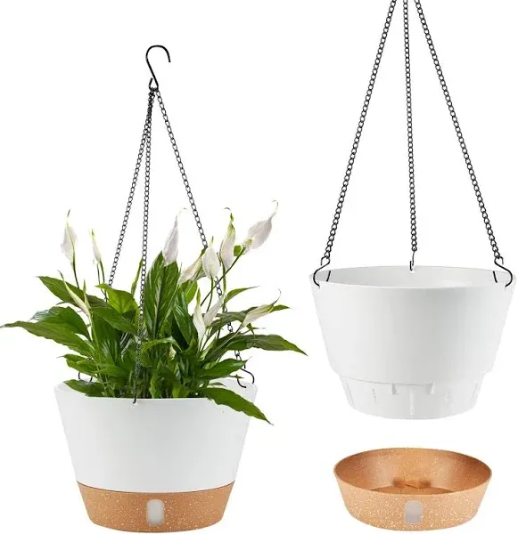 2 Pack 10 Inch Hanging Planters for Indoor Outdoor Plants, Hanging Plant Flower Pot Basket with Drainage Hole with Removable Tray&Hooks Self Watering Plant Pot for Hanging Plants, White