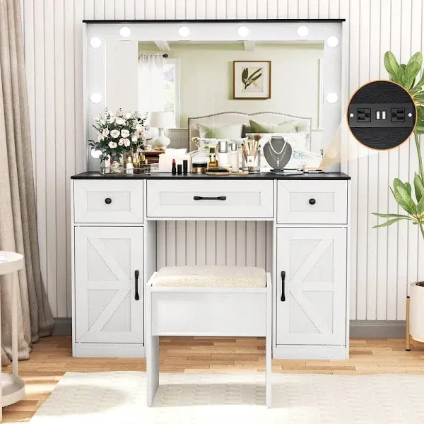 Greenvelly Farmhouse Vanity with Lights Desk and Chair