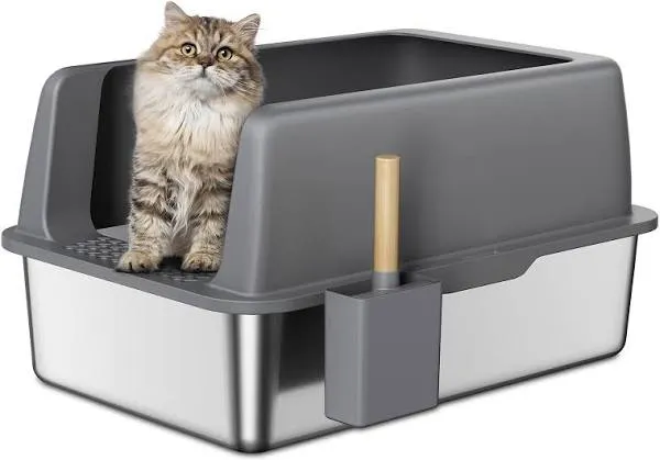 Stainless Steel Litter Box with Lid, XL Extra Large Cat Litter Box Enclosure for Big Cats with High Sides and Scoop, Easy Clean Metal Litter Pan, Non-Stick Cat Toilet, Anti-Leakage, No Smell