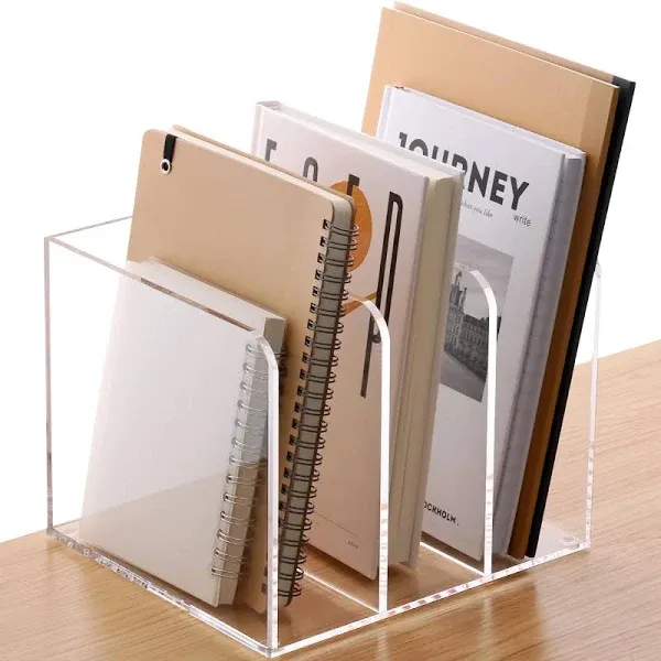 SANRUI Clear Acrylic Magazine File Holder with 3 Vertical Compartments Rack, File Organizer for Office Desk Accessories,Desk Organizer Office Supplies Stand Bookshelf 8.46" W x 7.2" D x 6.5" H