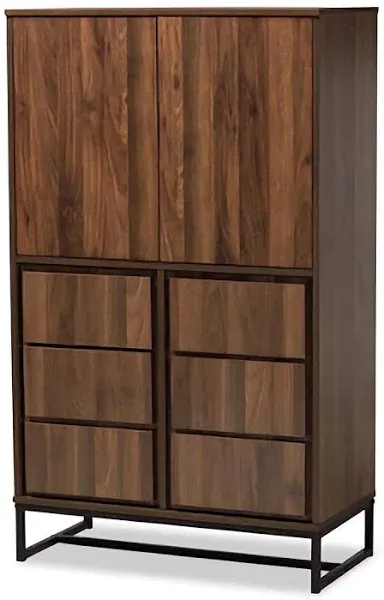 Neil Modern and Contemporary Walnut Brown Finished Wood and Black Finished Metal Multipurpose Storage Cabinet