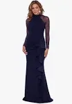 Betsy Adam Petite Size Mesh Long Sleeve Mock Neck Cascade Ruffle Scuba Crepe Ruched Waist Gown - 12p