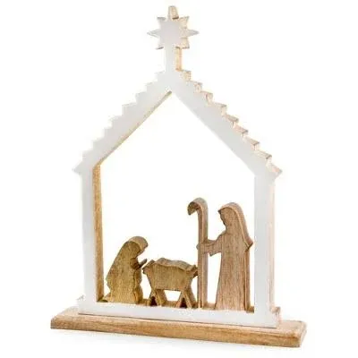 AuldHome Wood Enamel Nativity Scene Rustic Mango Wood w/Enamel Christmas Decor Statue