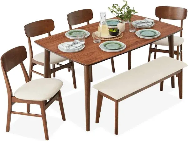 Best Choice Products 6-Piece Mid-Century Modern Upholstered Wooden Dining Set w/ 4 Chairs, Bench