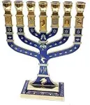 Golden Menorah 7 Branch 12 Tribes Of Israel Jerusalem Menora Blue Enamel 4.7&#034;