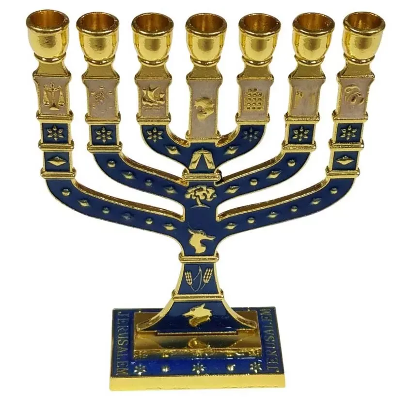 7 Branch 12 Tribes Blue &amp; Gold Enamel Menorah 4.75&#034;