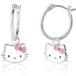 Hello Kitty Sanrio Silver Plated Pink Crystal Charm Hoop Earrings - Silver Tone, Pink