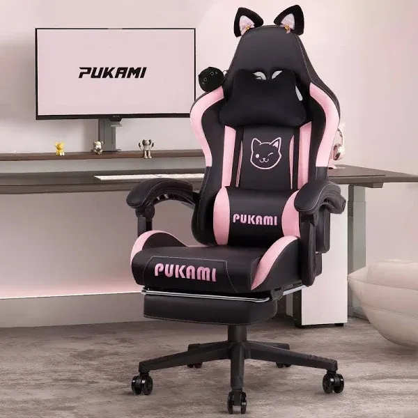 PUKAMI Gaming Chair Cute with Cat Ears,Ergonomic Computer Chair for Girl with Footrest and Headrest,Comfortable Reclining PC Game Chair for Adult,Teen,Black