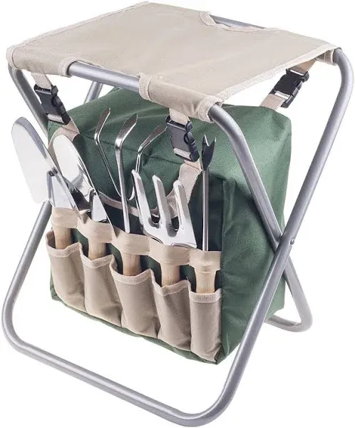 Pure Garden 11.5-inch All-In-One Garden Tool Set, Stool, and Carry Bag