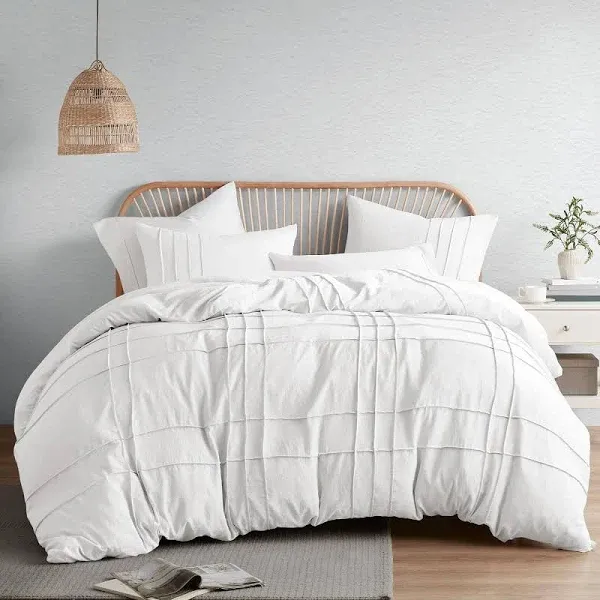 White King Size Duvet Cover Set - 3 Pieces Pintuck Pleated Duvet Cover King, ...