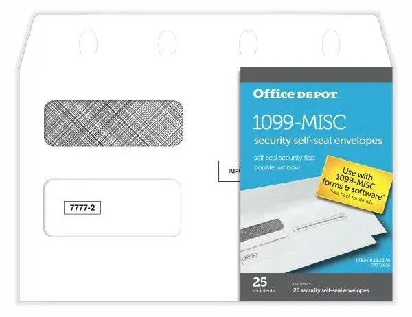 Office Depot® Brand Double-Window Self-Seal Envelopes For Form 1099, 5 5/8" x 9", White, Pack Of 25 Envelopes