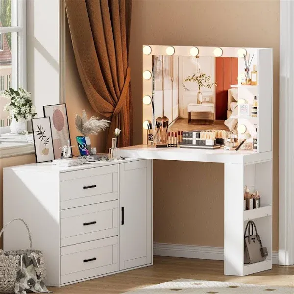 Pakasept 3-Drawer Makeup Vanity with 3-Color Lights, Mirror, Charging Station, Storage Shelves, 