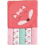 Luvable Friends Baby Hooded Towel with 5 Washcloths Set, Girl Fox