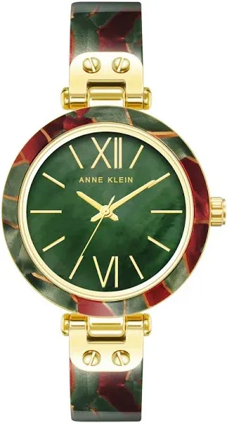 Anne Klein | Women&#039;s Three-Hand Quartz Green and Burgundy Resin with Gold-Tone Alloy Accents Bangle Watch, 34mm - Gold-Tone, Green, Burgundy | Realry