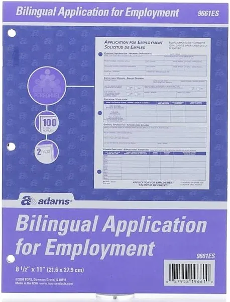 Adams 9661 BILINGUAL Application for Employment, 100 Forms, 8 1/2&#034; x 11&#034; NEW