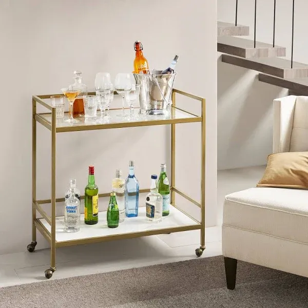 Lionel Glam Two-Tier Bar Cart on Wheels – Stylish Glass & Ceramic Design for Urban Living Spaces