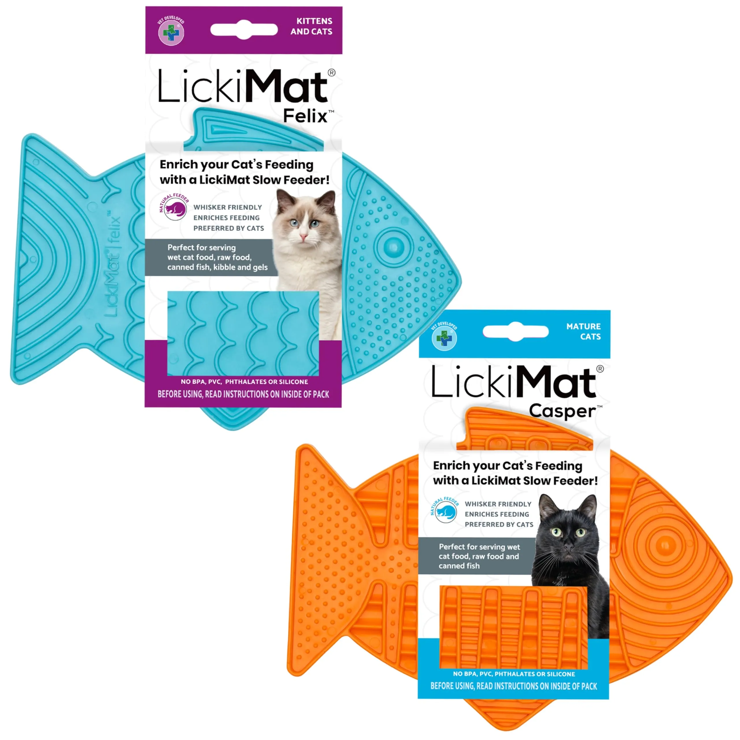 Lickimat Casper & Felix, Fish-Shaped Cat Slow Feeders Lick Mat, Boredom Anxiety Reducer; Perfect for Food, Treats and Anxiety Reduction. (Orange & Turquoise, Casper & Felix)