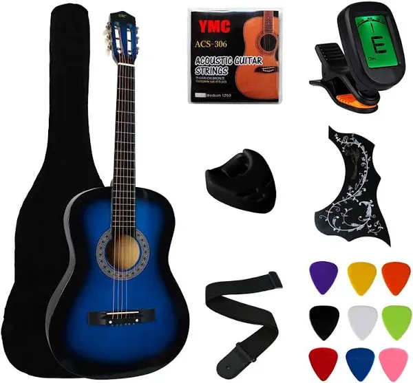 YMC 38&#034; Blue Beginner Acoustic Guitar Starter Package Student Guitar with Gig...