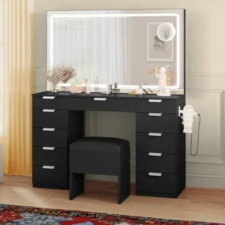 YITAHOME Vanity Desk Set with Large LED Lighted Mirror & Power Outlet, Glass Top Vanity with 11 Drawers and Magnifying Glass, 46'' Large Makeup