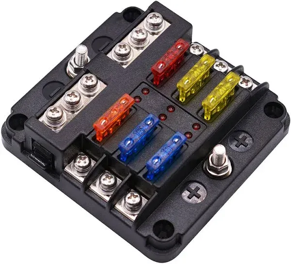 6 Way Fuse Box Blade Fuse Block Holder 12V /24V Circuit Breaker with Fuse and Connectors for Car Bus Truck Auto Motor