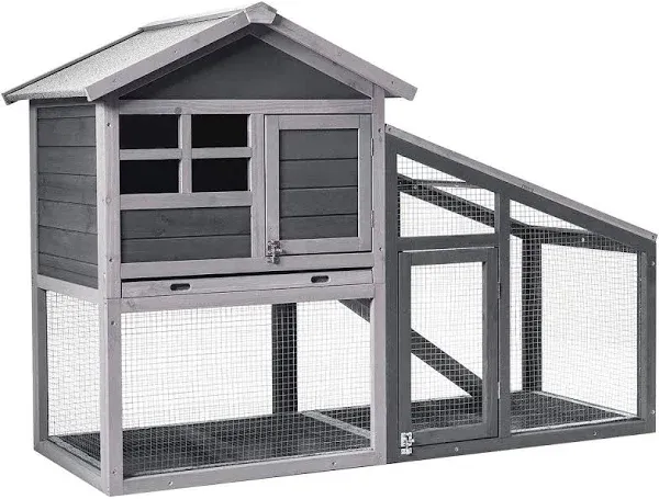 Wooden Rabbit Hutch, Chicken Coop Indoor Outdoor Pet Run, Bunny Cage w/Feeding Basket, Lockable Doors, Windows, Pull Out Tray, Ramp, Sunlight Panel, Soft Flooring for Small Animals