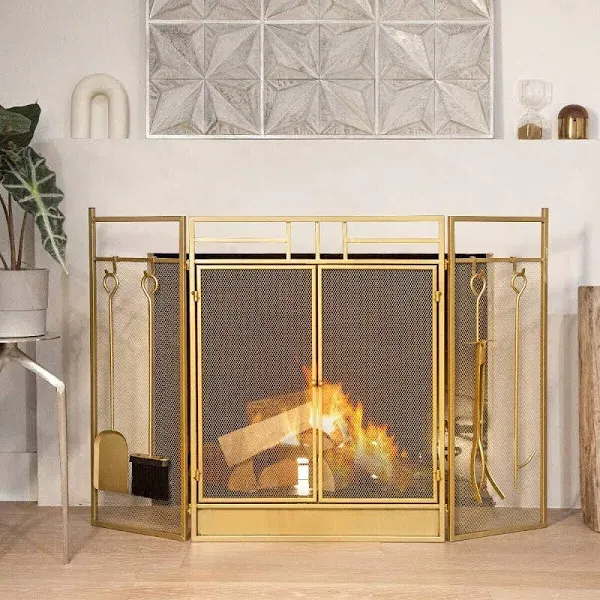 Barton 48" Fireplace Screen 3-panel Folding Magnetic Doors with 4-pieces Fire Place Tools Set Steel Fire Spark Guard