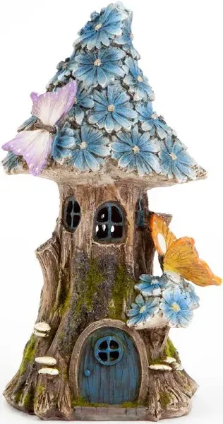 Bits and Pieces Solar Butterfly and Blue Daisies Fairy House