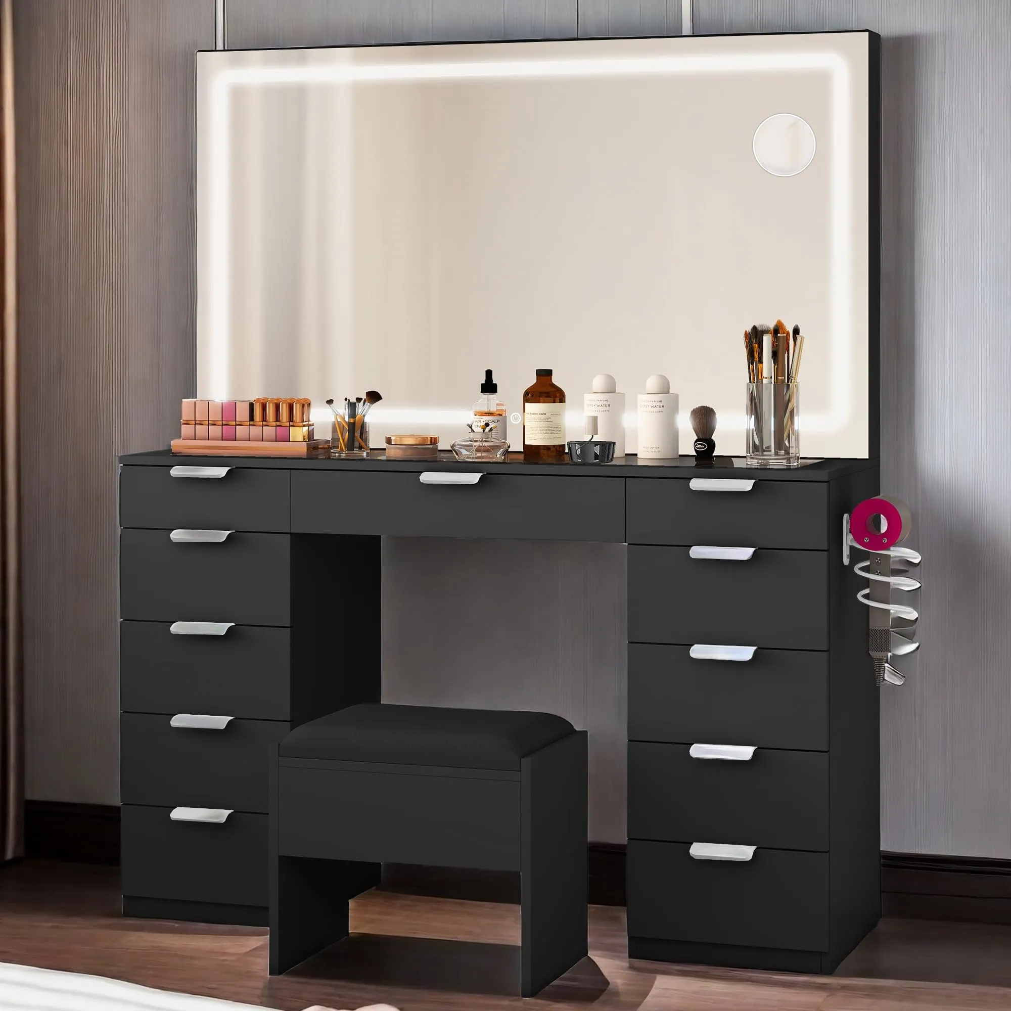 Yitahome Vanity Desk Set with Large LED Mirror & Power Glass Top Vanity with 11 Drawers and Magnifying Glass