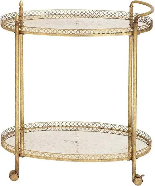 Deco 79 Metal Rolling Oval 2 Mirrored Shelf Bar Cart with Vintage Inspired Details, 30" x 16" x 35", Gold